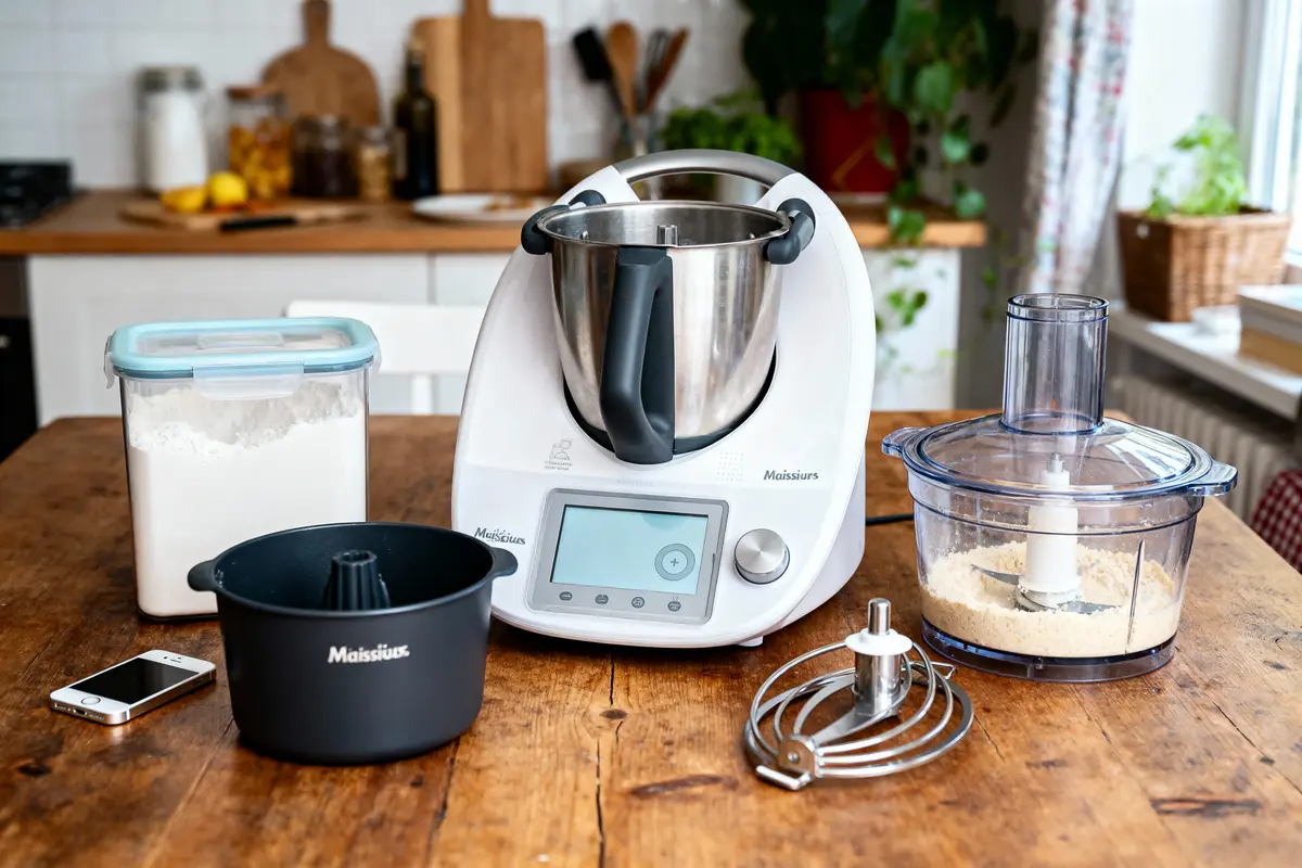 Robot de cuisine avec accessoires, récipient de farine et téléphone sur une table rustique en cuisine.