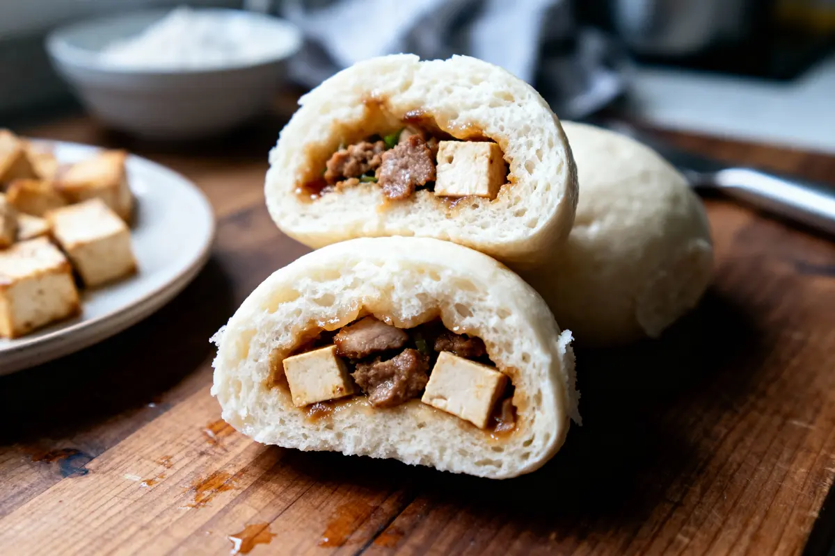 Pain farci de tofu et viande sur une planche en bois, avec un bol en arrière-plan.