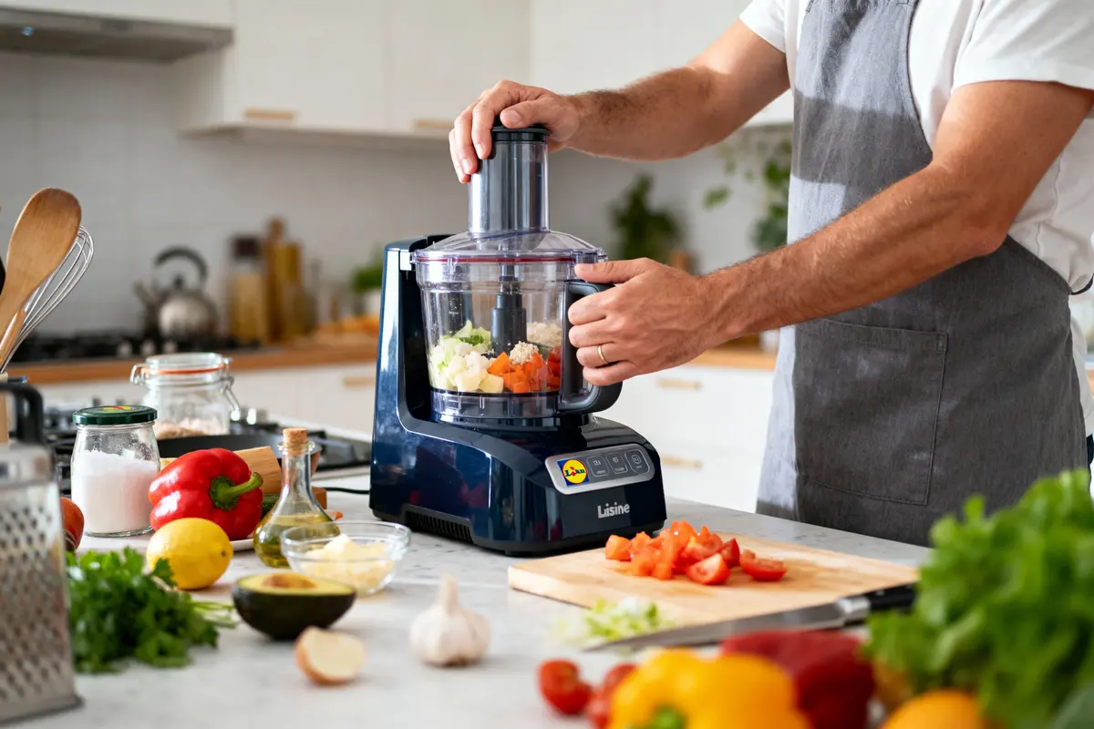 Une personne utilise un robot culinaire avec divers légumes frais dans une cuisine moderne et lumineuse.