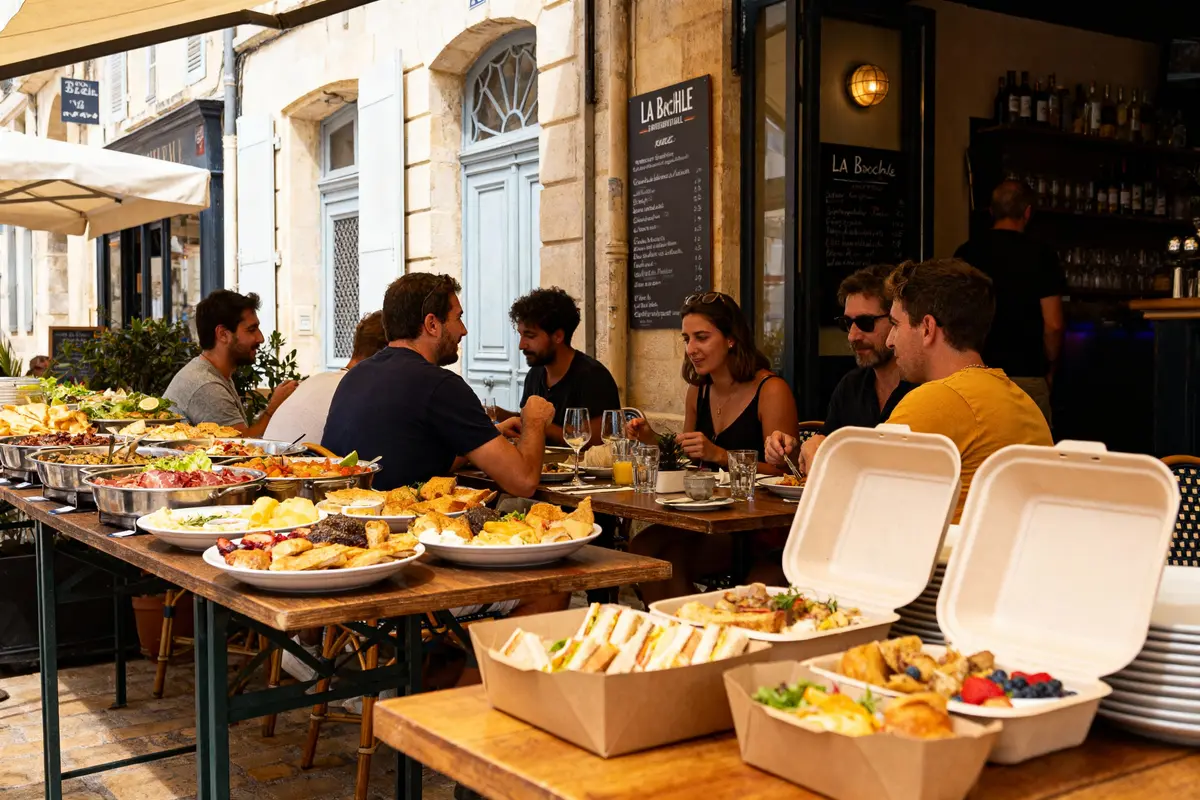 Groupe de personnes déjeunant en terrasse, avec tables remplies de plats variés, ambiance conviviale et décontractée.