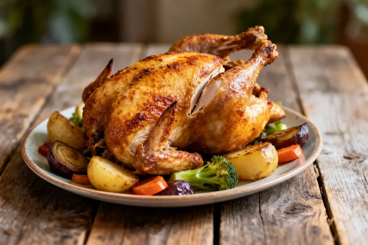 Poulet rôti doré avec légumes variés sur assiette, posé sur table en bois rustique.