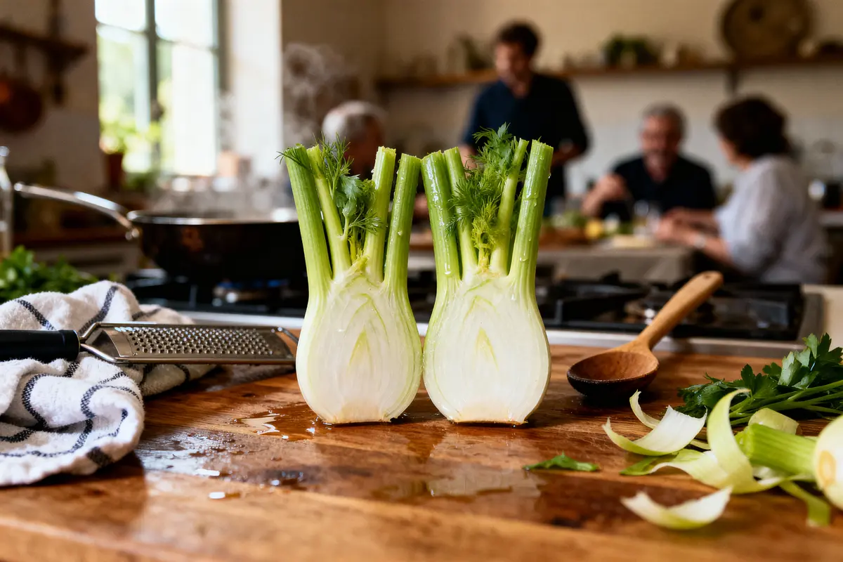 Deux bulbes de fenouil coupés, posés sur une planche en cuisine avec personnes en arrière-plan flou.