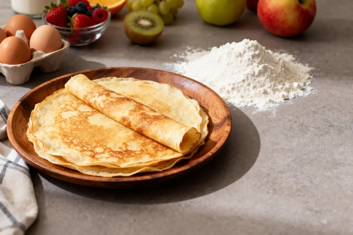 Crêpes sur assiette en bois, œufs, farine, fruits, baies, kiwi, pommes, table grise, cuisine.