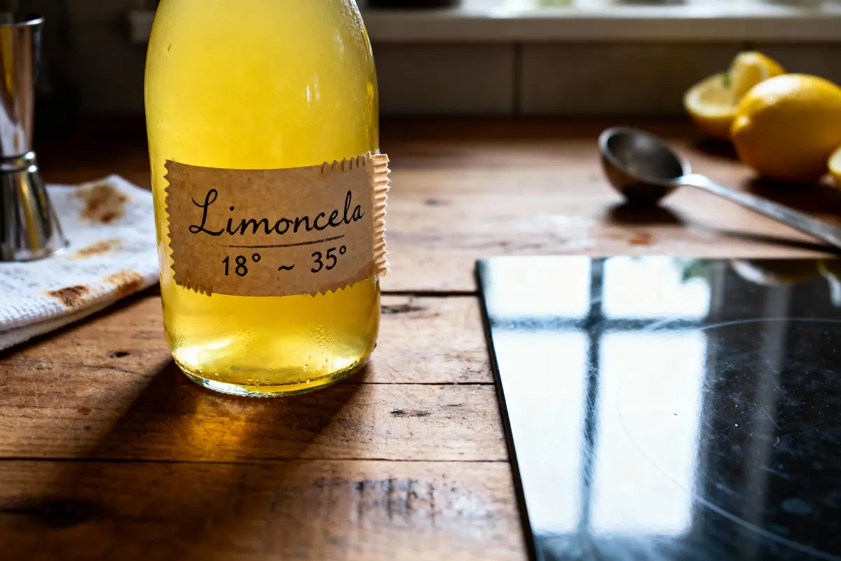 Bouteille de limoncela sur table en bois, citrons en arrière-plan, cuisine ensoleillée.