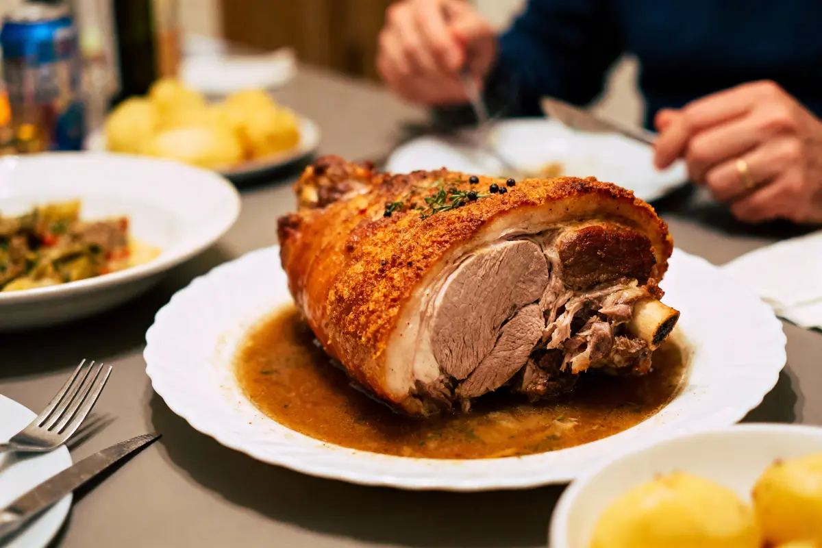 Plat de viande rôti avec peau croustillante, entouré d'accompagnement, servie sur une table avec des couverts.