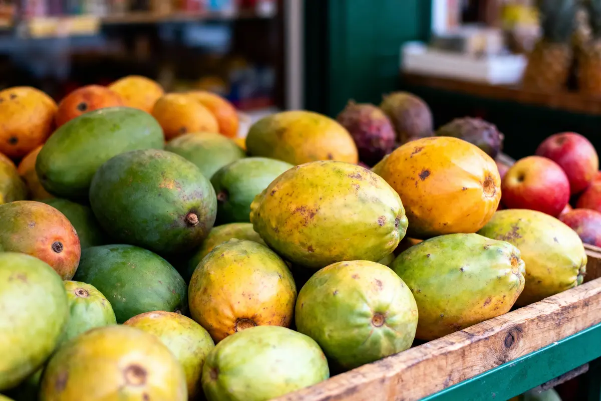 Assortiment de fruits tropicaux variés sur un étal de marché, incluant des mangues et papayes colorées.