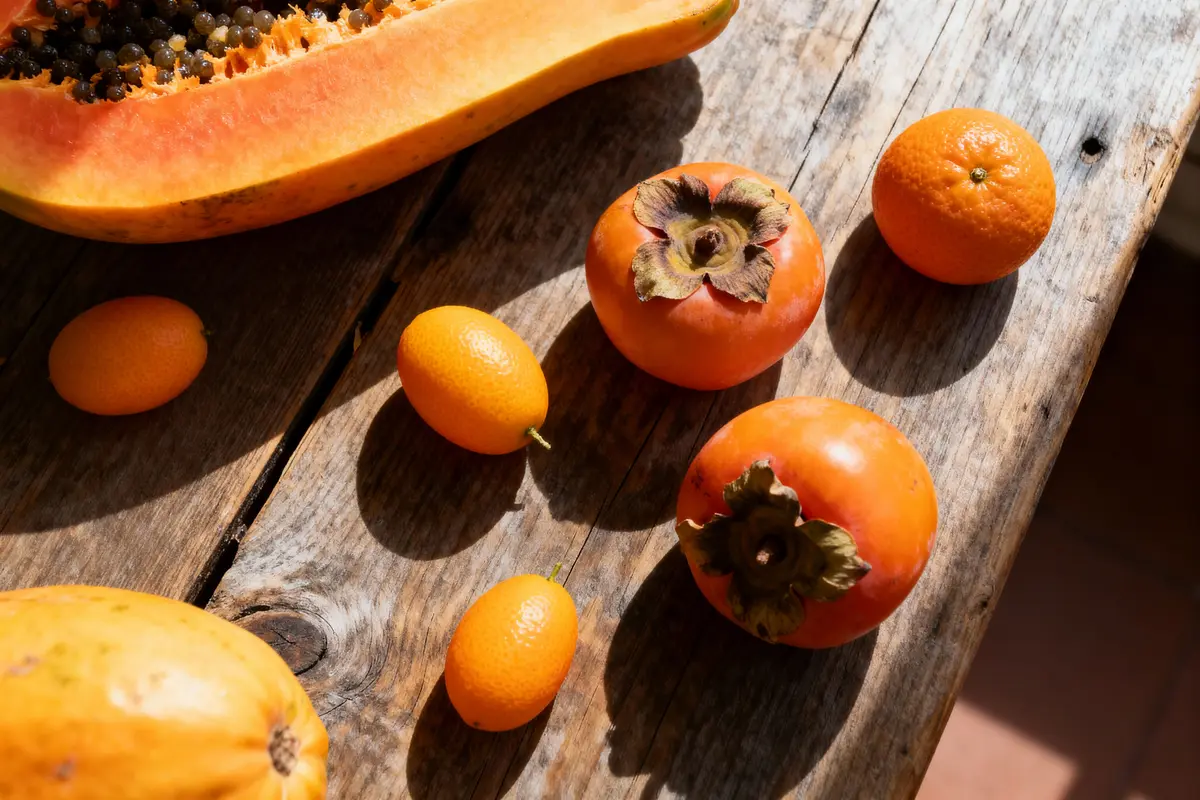 Tranches de papaye, kakis et kumquats sur une table en bois éclairée par le soleil.