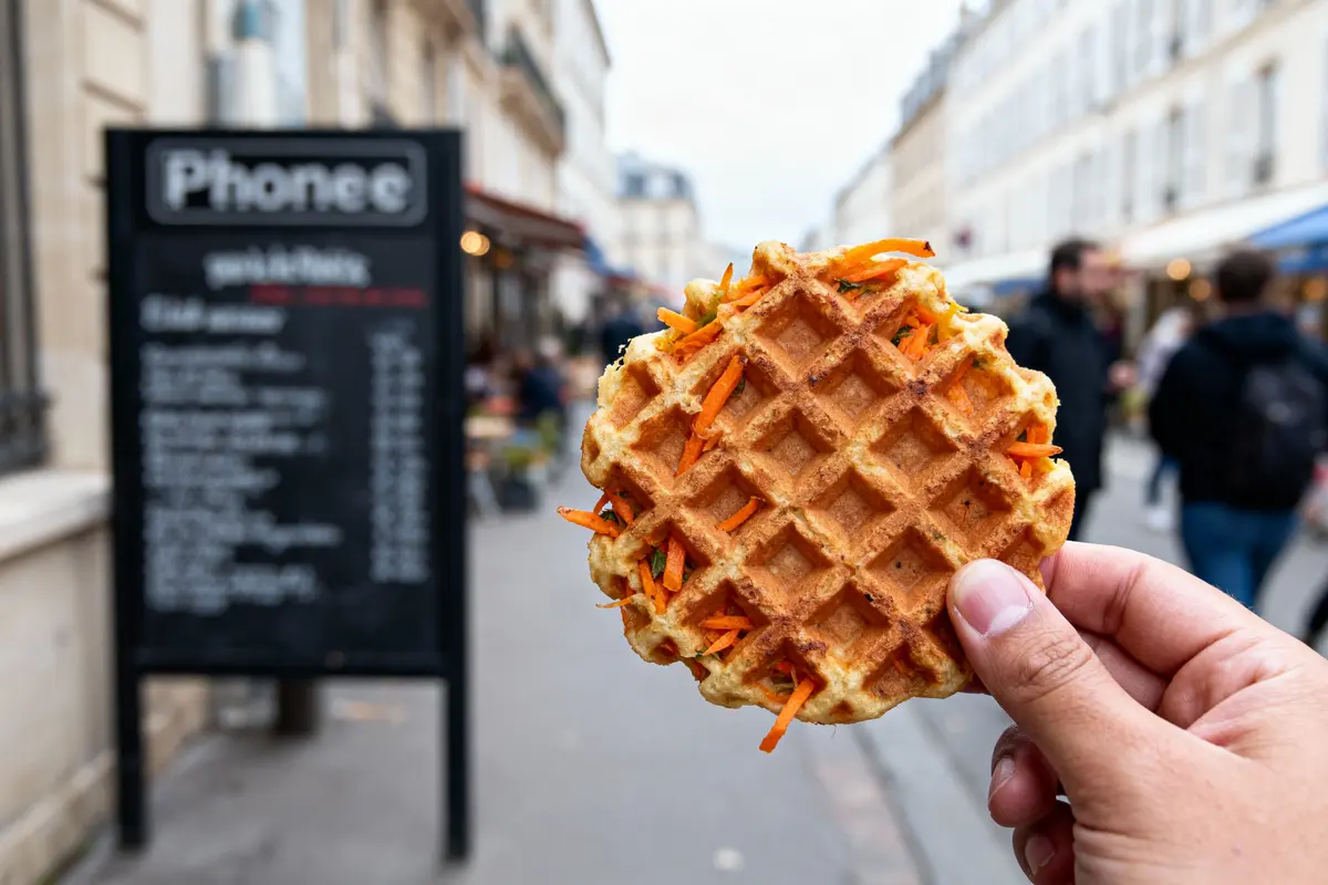 Main tenant une gaufre garnie de carottes, rue animée avec menu de restaurant au fond.