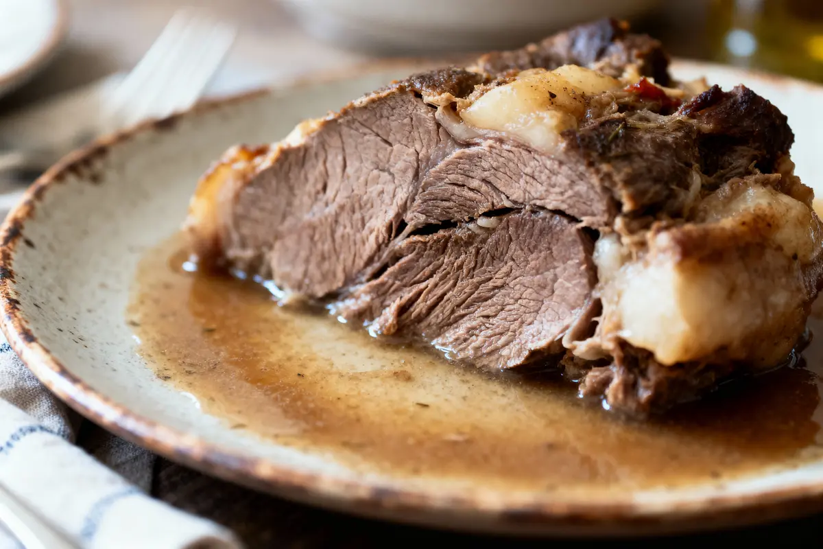 Un morceau de viande juteux avec sauce sur assiette en céramique, gros plan, ambiance rustique.