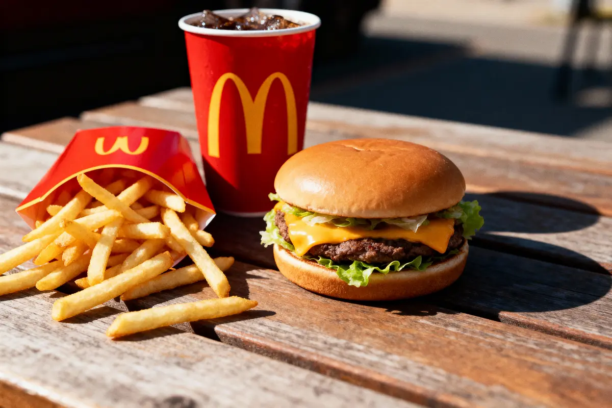 Hamburger avec laitue et fromage, frites, et boisson en gobelet rouge sur table en bois, extérieur ensoleillé.