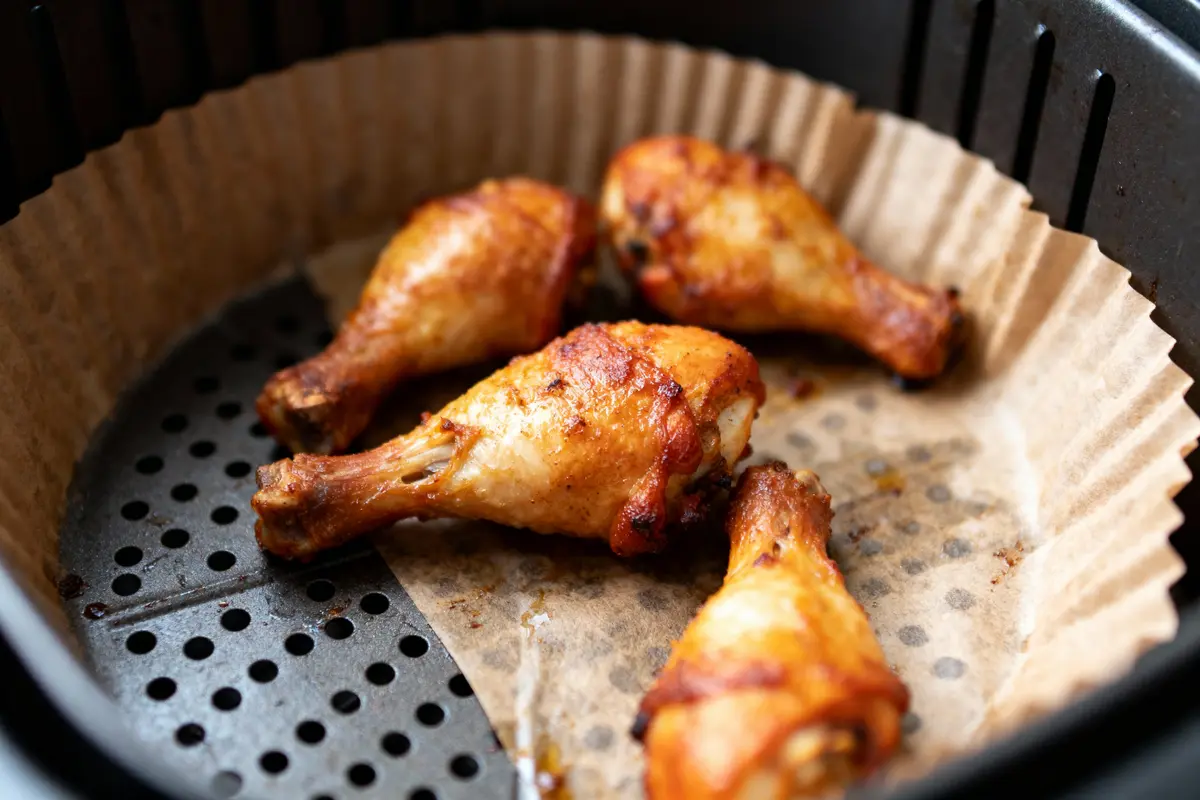 Cuisses de poulet rôties dans une friteuse à air avec du papier sulfurisé.