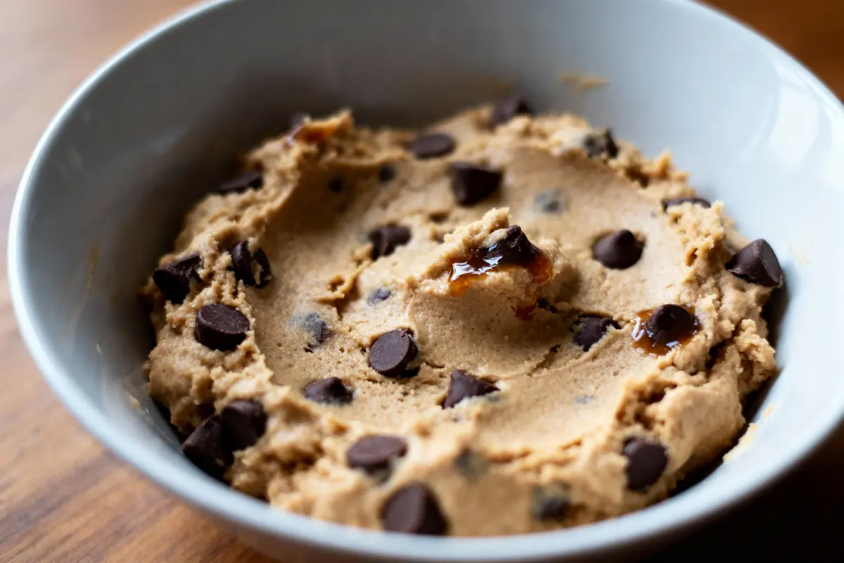 Pâte à cookie avec pépites de chocolat dans un bol gris, vue rapprochée.