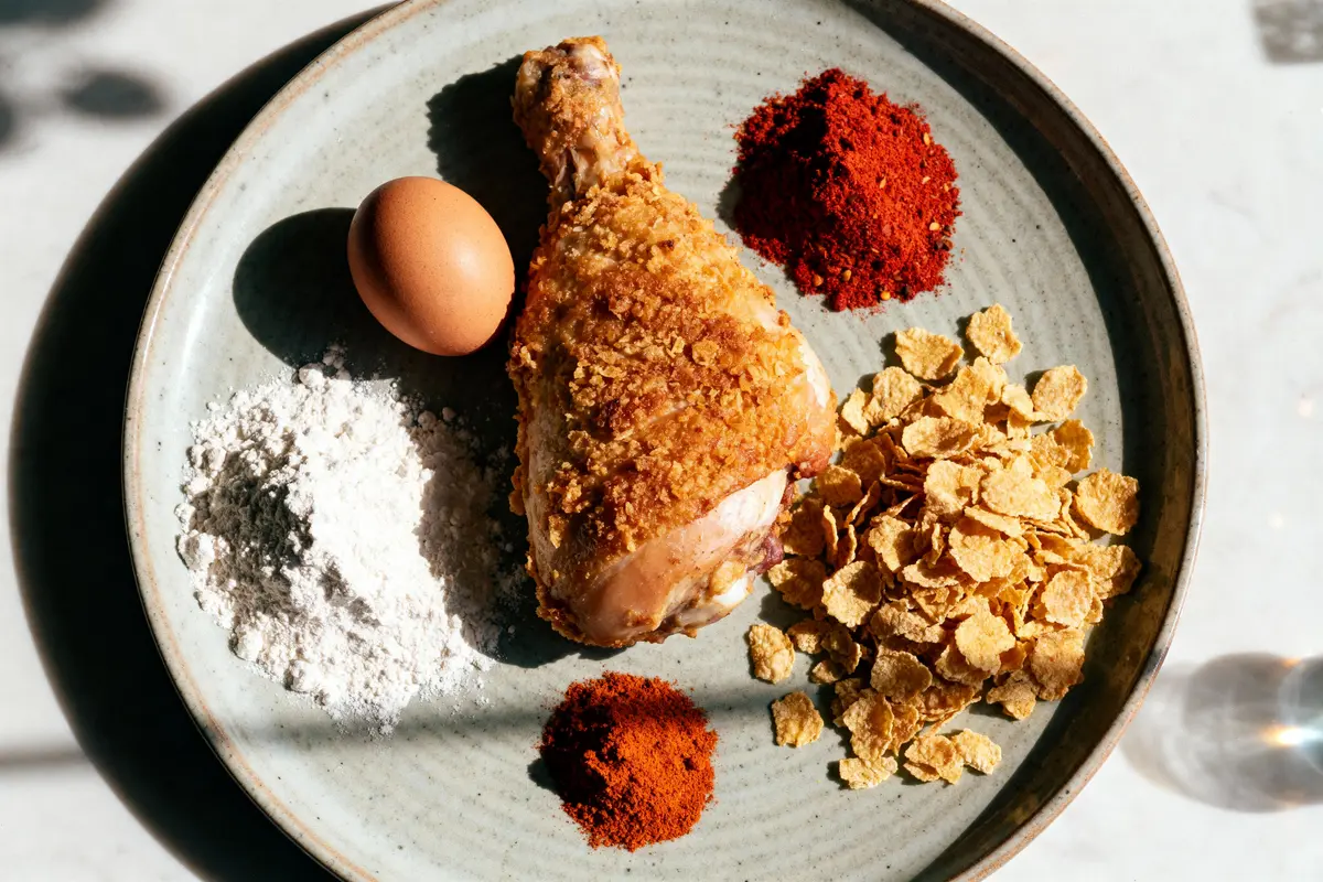 Cuisse de poulet croustillante entourée d'œuf, farine, cornflakes, épices rouges sur une assiette grise.