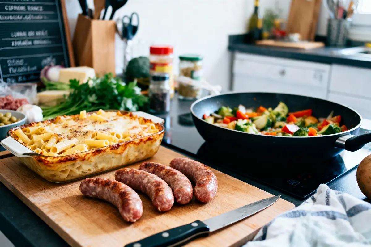 Plat de pâtes gratinées, saucisses, légumes sautés dans une cuisine moderne, avec ustensiles et ingrédients divers.
