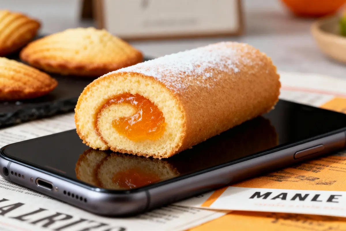 Gâteau roulé à la confiture sur un smartphone, avec des madeleines et des journaux en arrière-plan.