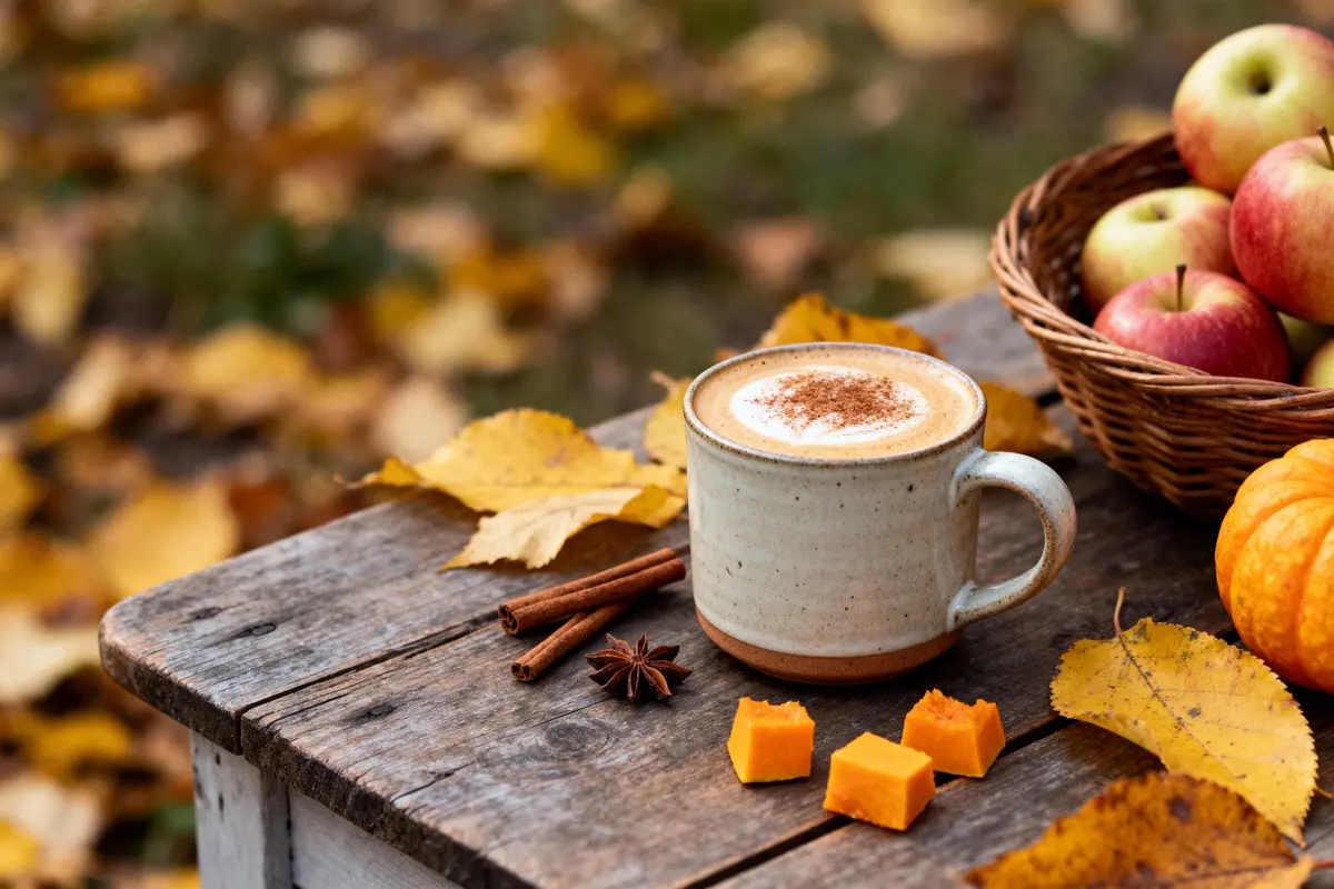 Tasse de café avec cannelle, feuilles d'automne, cubes de citrouille, pommes et citrouille décorative sur table en bois.
