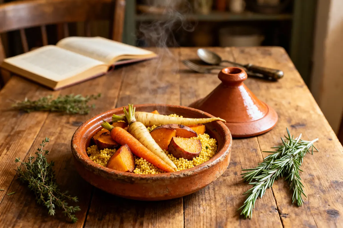 Plat de légumes racines sur couscous, tajine en terre cuite, herbes aromatiques, livre ouvert en arrière-plan.