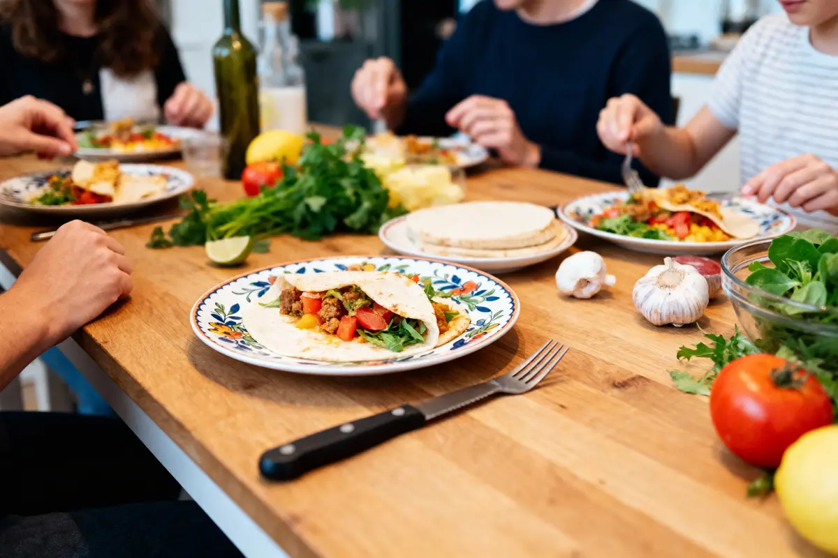 Personnes mangeant des tacos à table, avec légumes frais et ustensiles sur une table en bois.