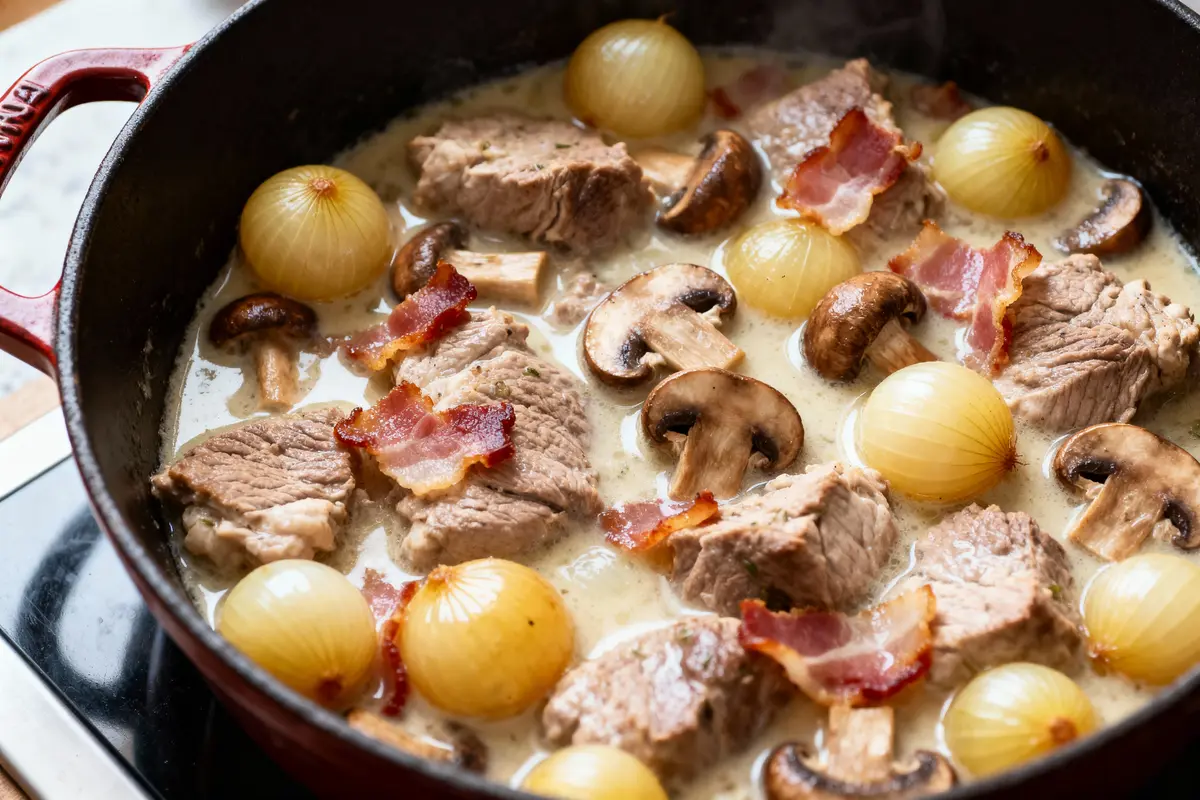 Mijoté de viande avec oignons, champignons, lardons dans une cocotte rouge, sauce crémeuse.