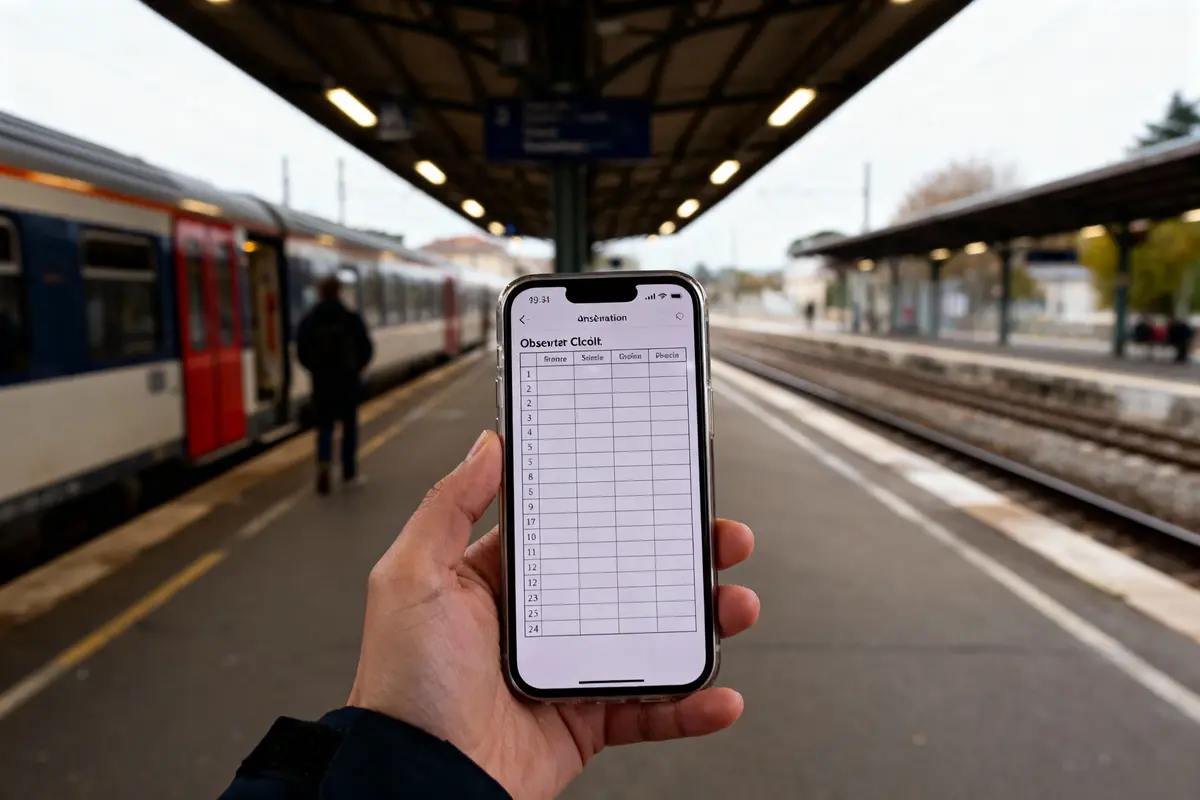 Main tenant un téléphone avec tableau, sur le quai d'une gare, train à quai, personne en arrière-plan.