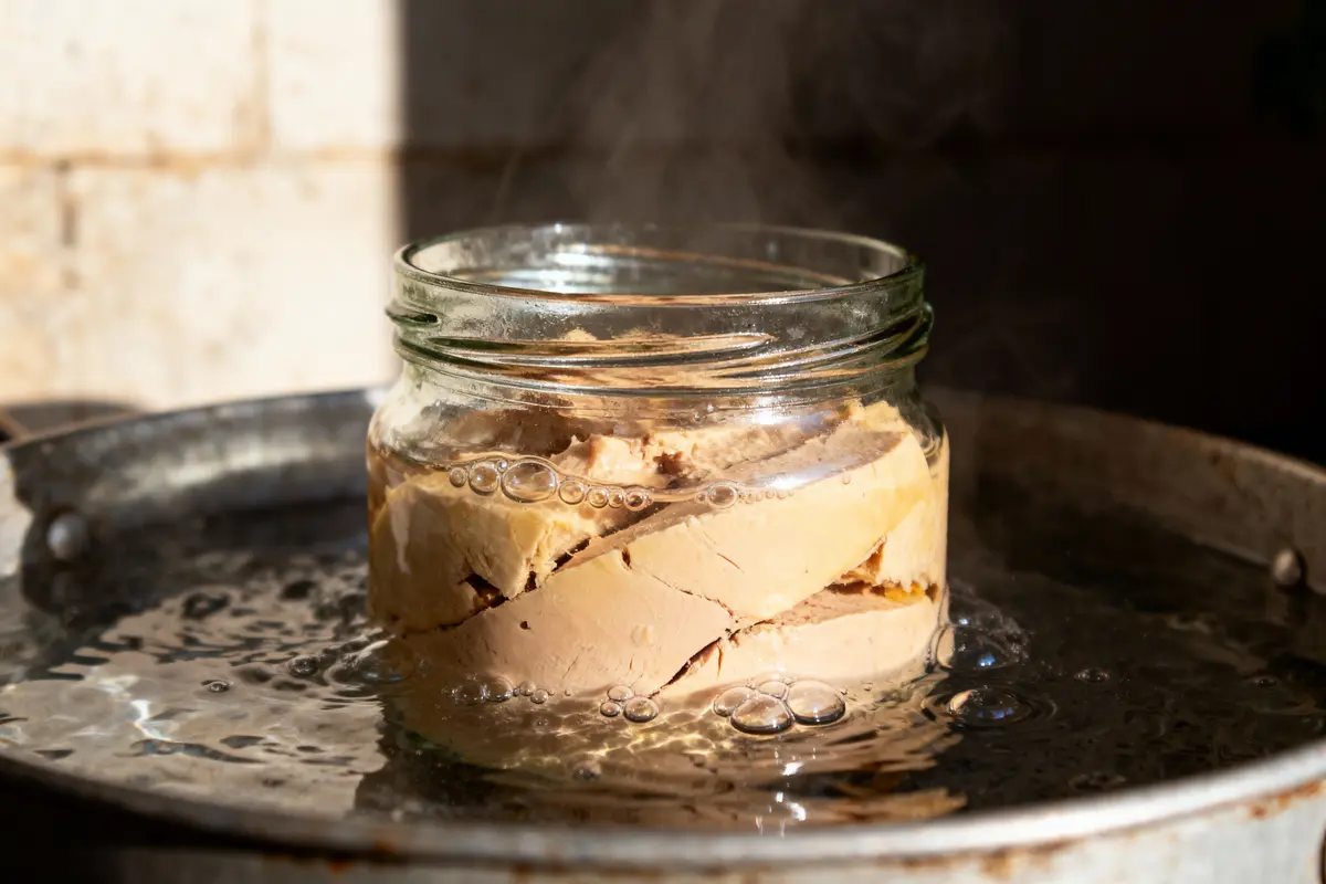 Bocal de foie gras dans eau frémissante, dégageant de la vapeur dans une casserole.