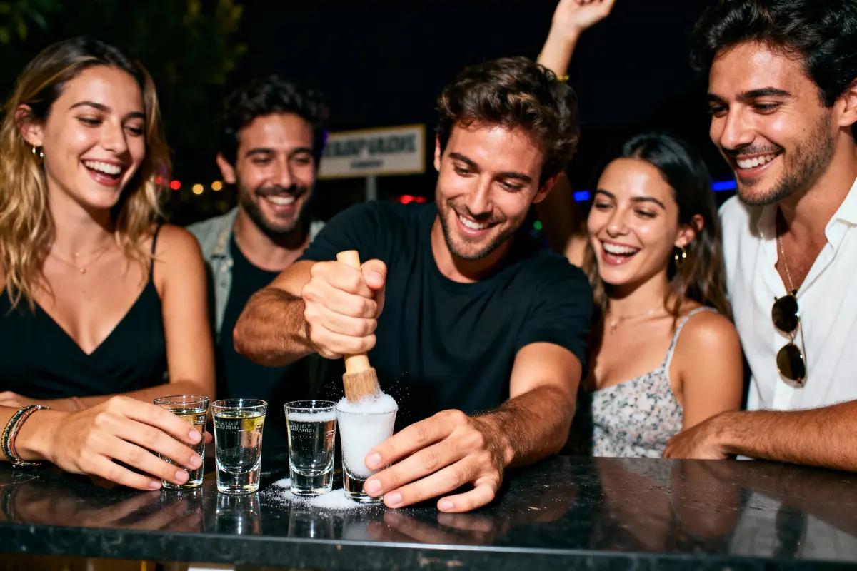 Cinq amis souriants préparent des cocktails au bar, ambiance festive et détendue.