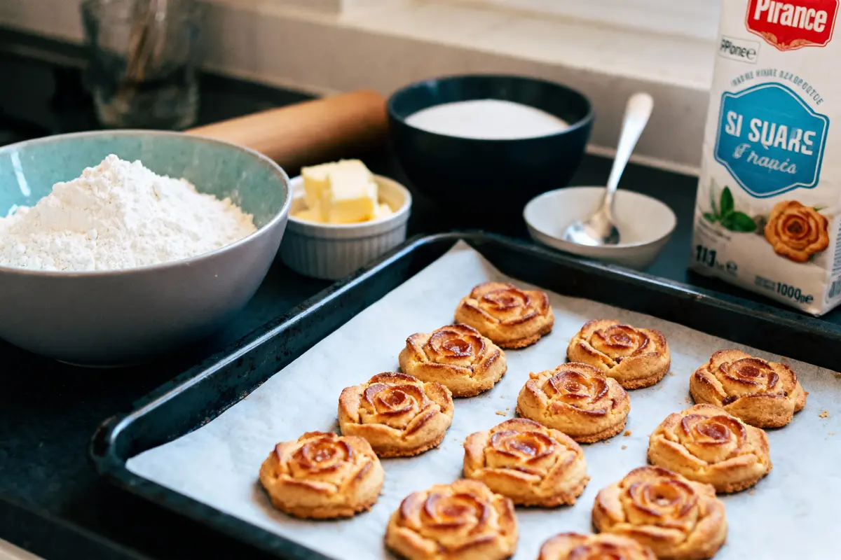 Biscuits en forme de roses sur plaque, farine, sucre, beurre et lait en arrière-plan sur table de cuisine.
