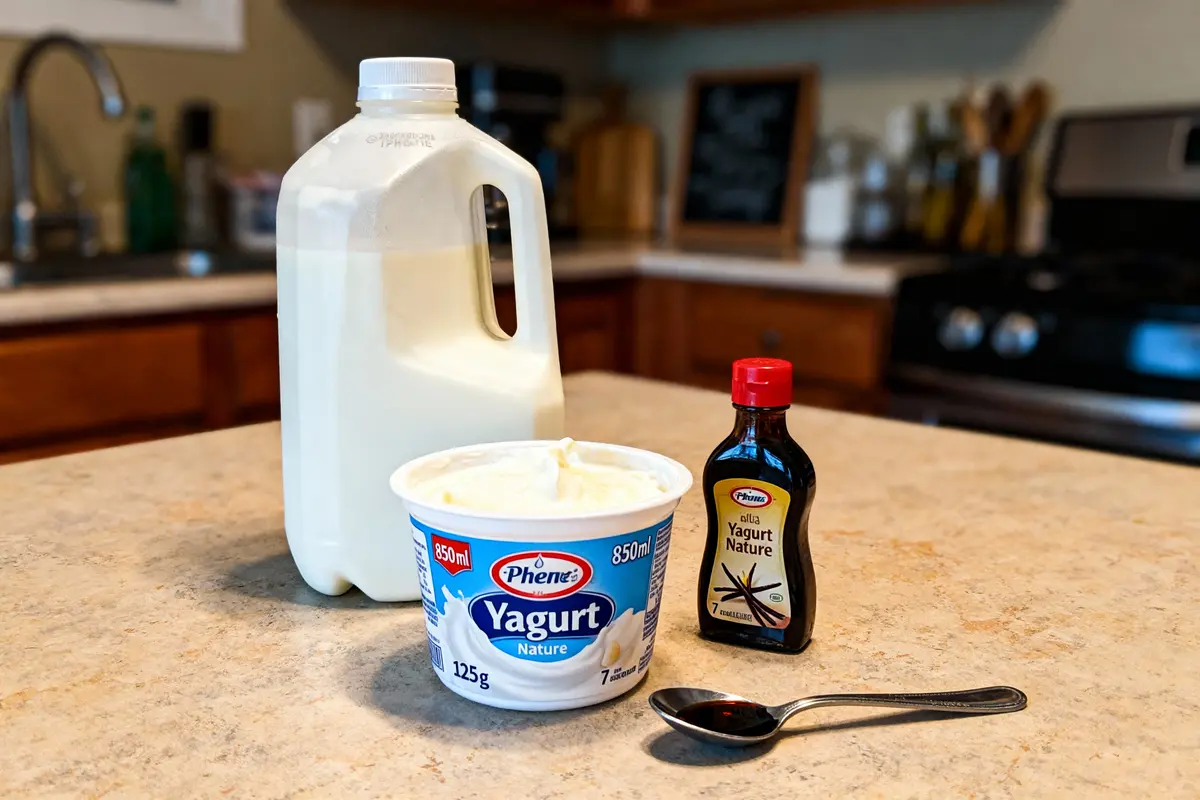 Brique de lait, yaourt nature, extrait de vanille et cuillère, sur un comptoir de cuisine.