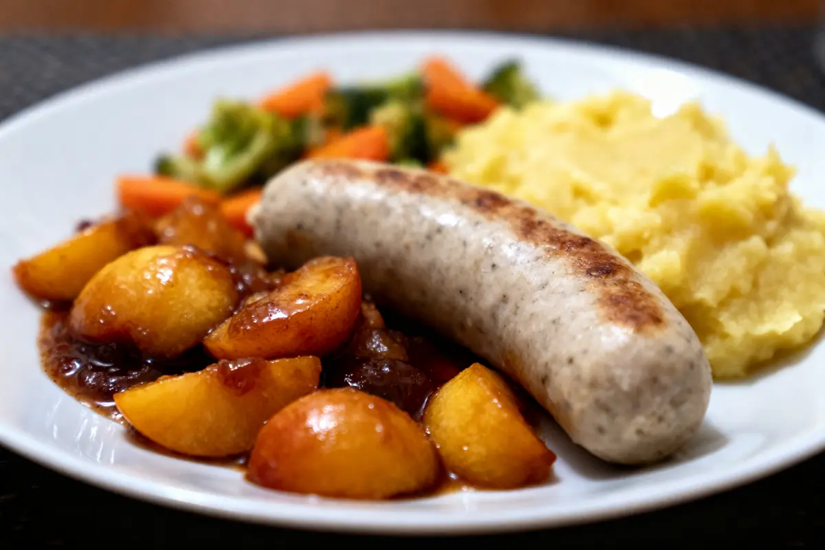 Assiette avec saucisse, pommes de terre, légumes et pommes caramélisées. Plat coloré et appétissant.