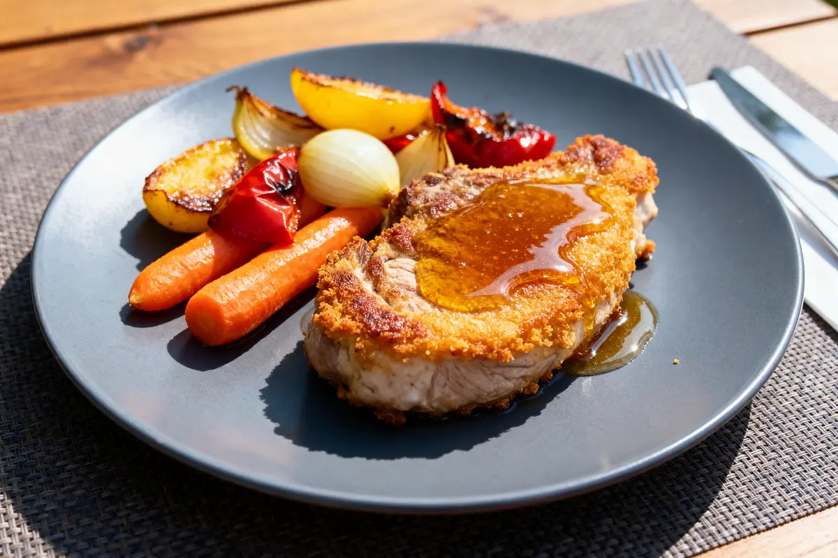 Assiette avec côtelette panée, sauce, carottes, pommes de terre et oignons rôtis, servie sur nappe tissée.