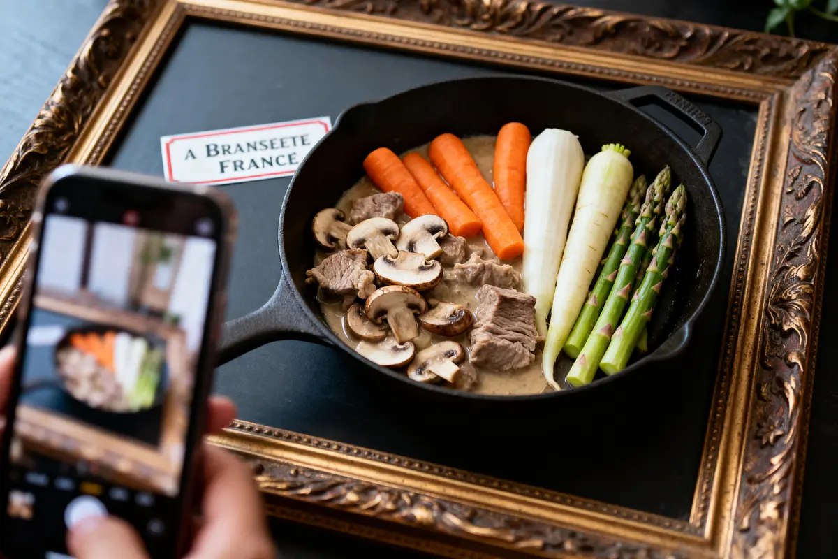 Poêle avec viande, champignons, carottes, asperges, photographiée sur un cadre doré. Personne prend photo.