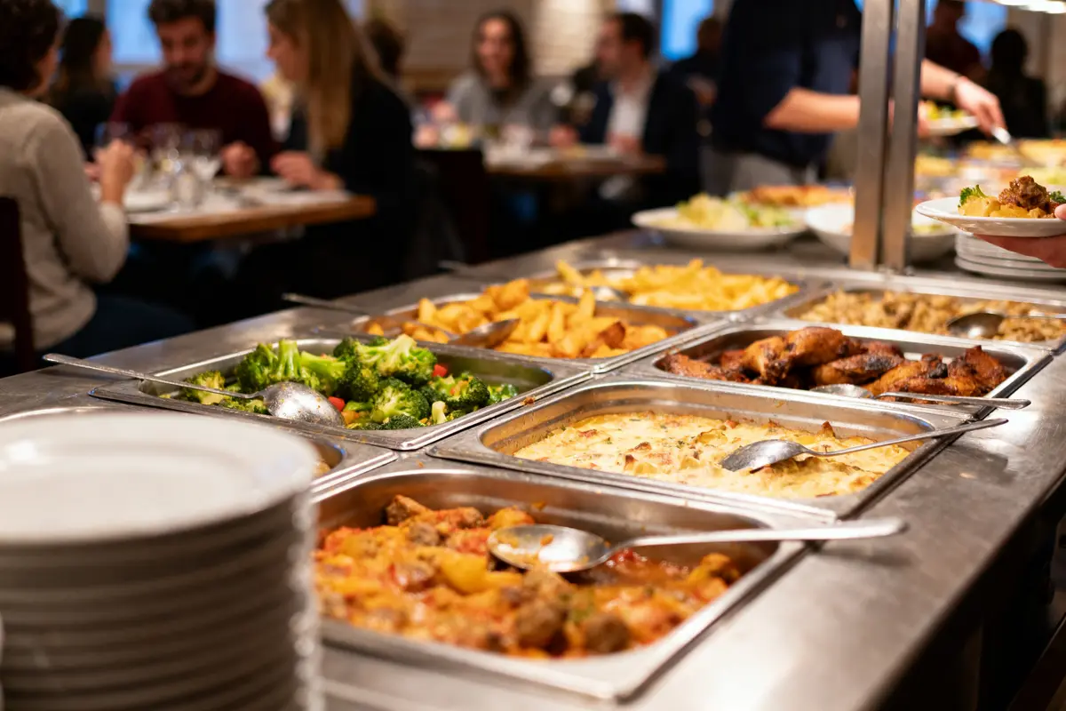Buffet de restaurant avec plats variés, brocolis, frites, poulet rôti, personnes dînant en arrière-plan flou.
