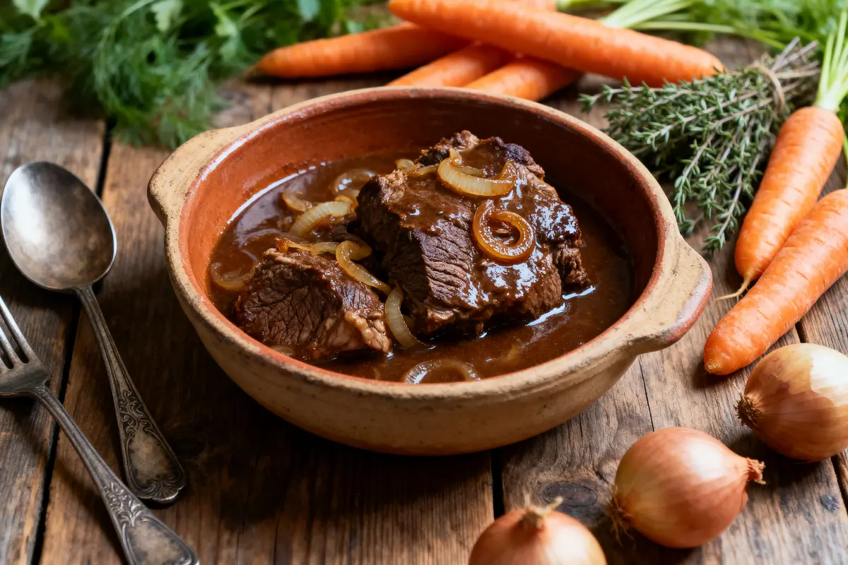 Plat mijoté de bœuf aux oignons, avec carottes, herbes et oignons frais en arrière-plan sur une table en bois.