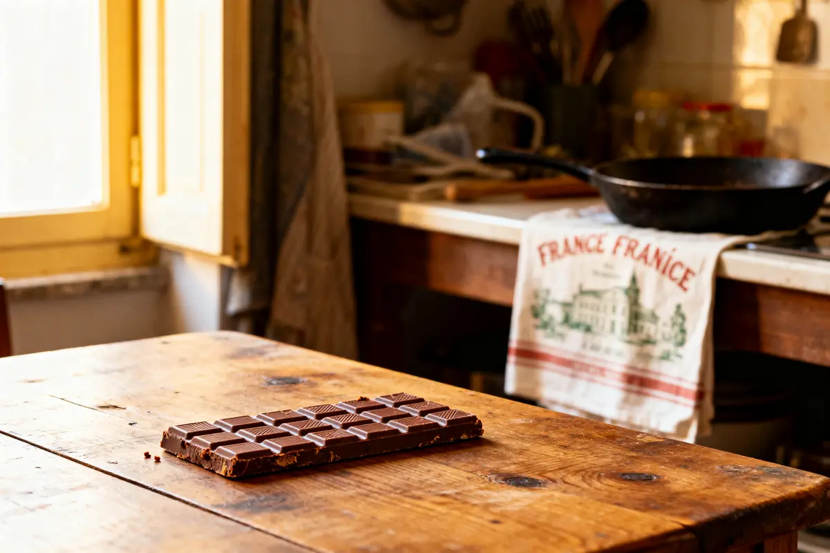 Table en bois avec tablette de chocolat, cuisine rustique, lumière douce, torchon "France", poêle en arrière-plan.