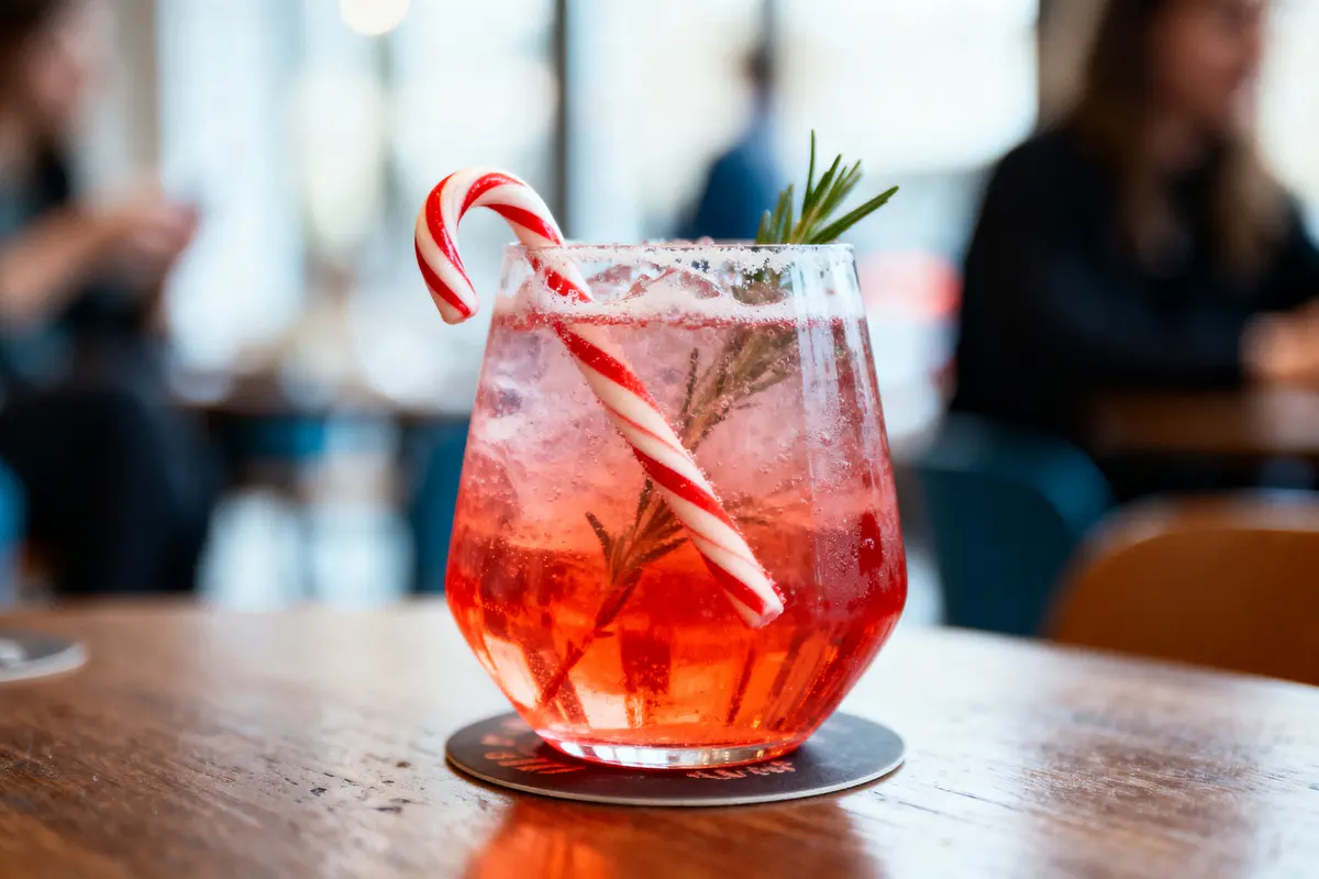 Verre de cocktail rouge avec sucre, garniture de canne à sucre et romarin sur table en bois.