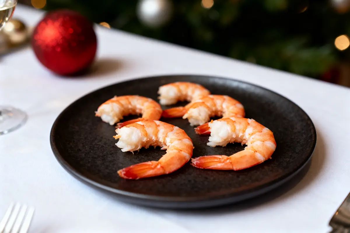 Cinq crevettes sur assiette noire, table blanche, décor festif en arrière-plan, boule rouge floue.