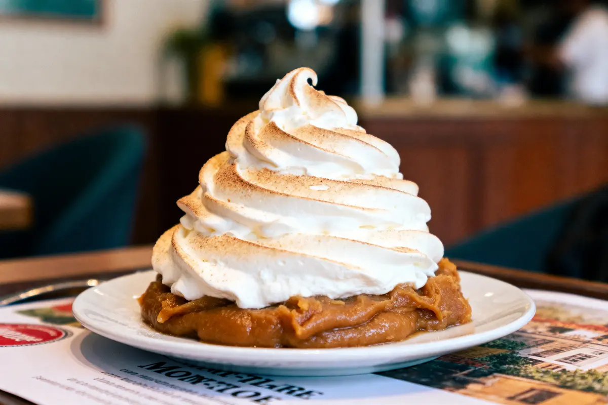 Crème chantilly sur dessert à la citrouille dans un café, décor moderne et ambiance chaleureuse.