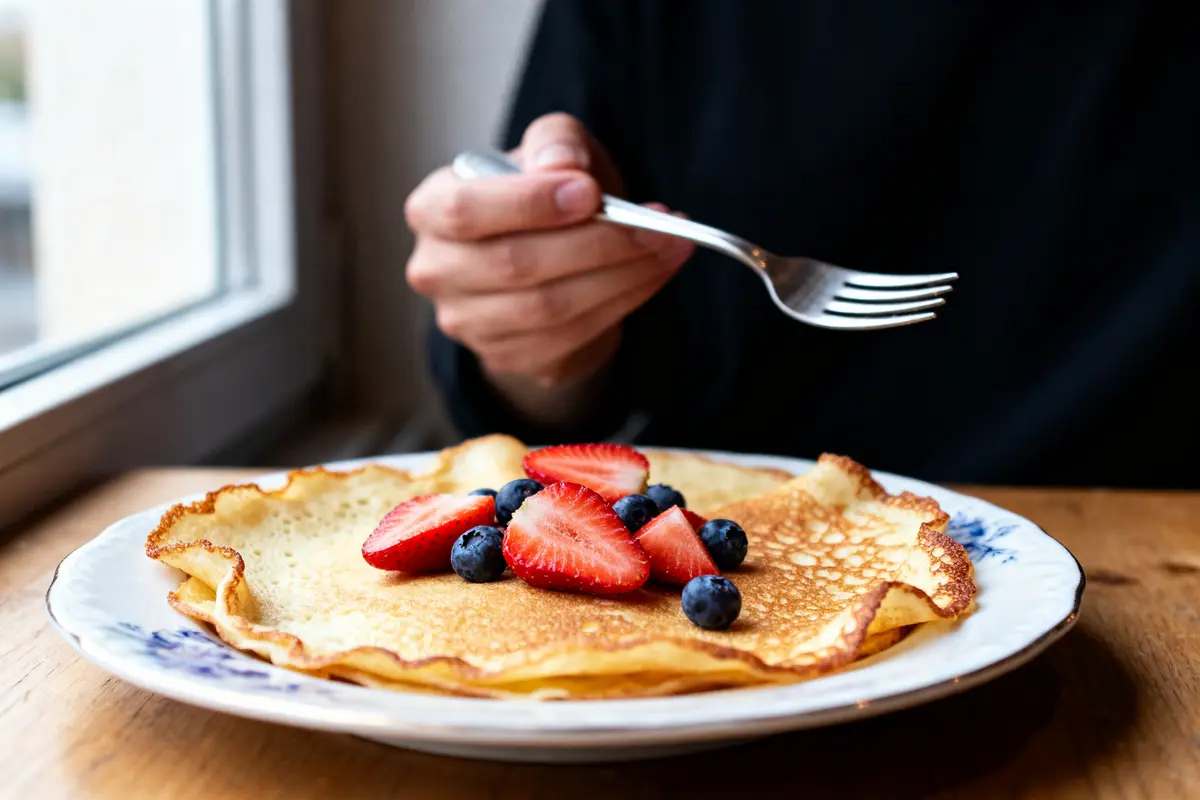 Crêpe avec fraises et myrtilles sur assiette blanche, main tenant fourchette, près de fenêtre.