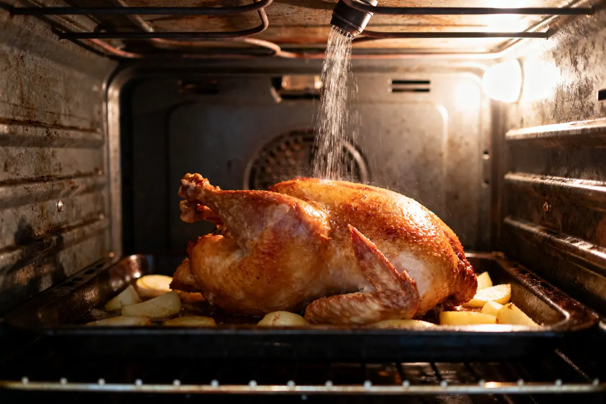 Poulet rôti dans un four, arrosé, avec des pommes de terre sur un plat de cuisson noir.