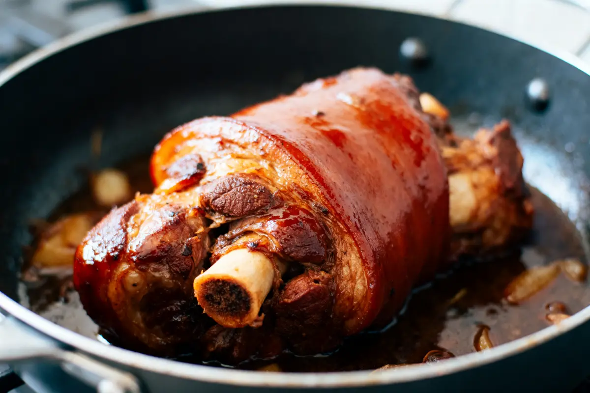 Jarret de porc rôti avec peau croustillante dans une poêle, entouré de jus savoureux. 🍖