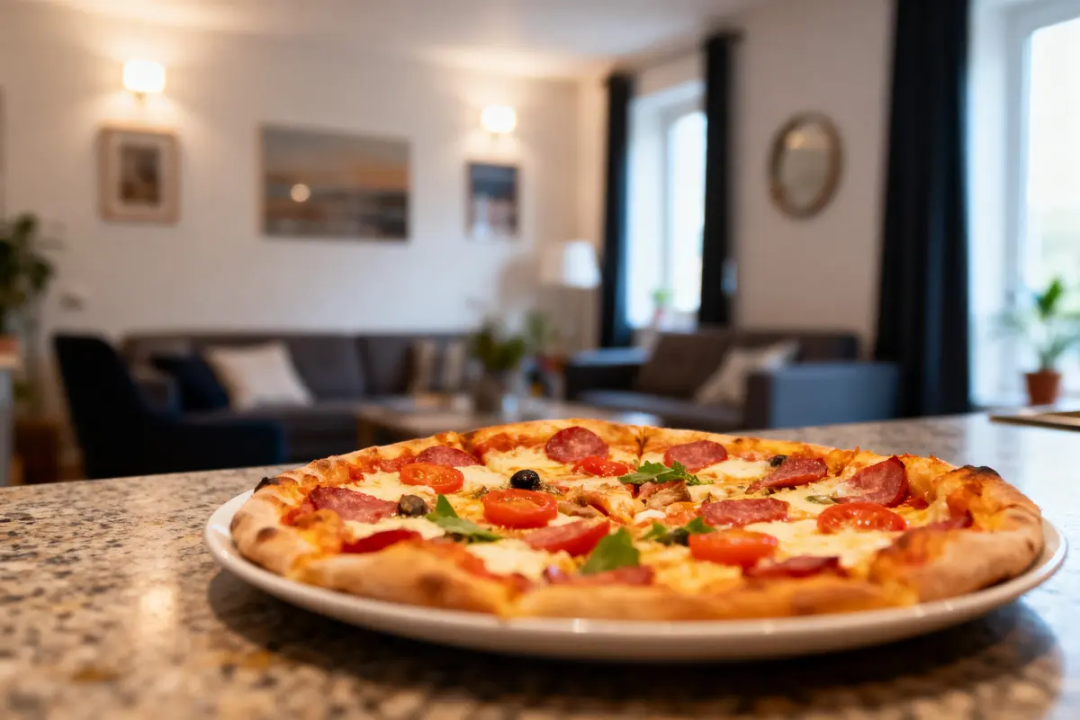 Pizza garnie sur assiette blanche, en cuisine, arrière-plan flou d'un salon moderne avec canapés.