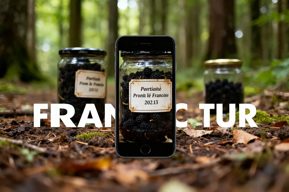 Trois bocaux de mûres dans une forêt, avec smartphone affichant étiquette au premier plan.