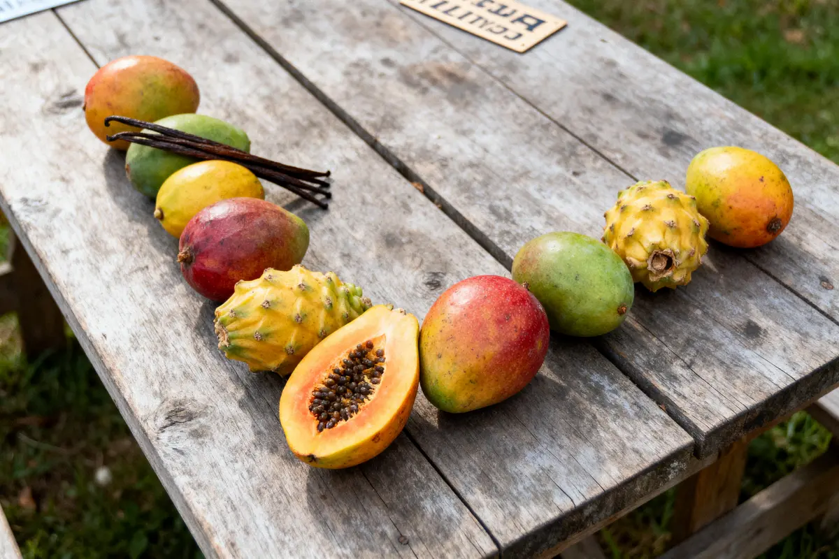 Fruits tropicaux variés et gousses de vanille sur une table en bois à l'extérieur.