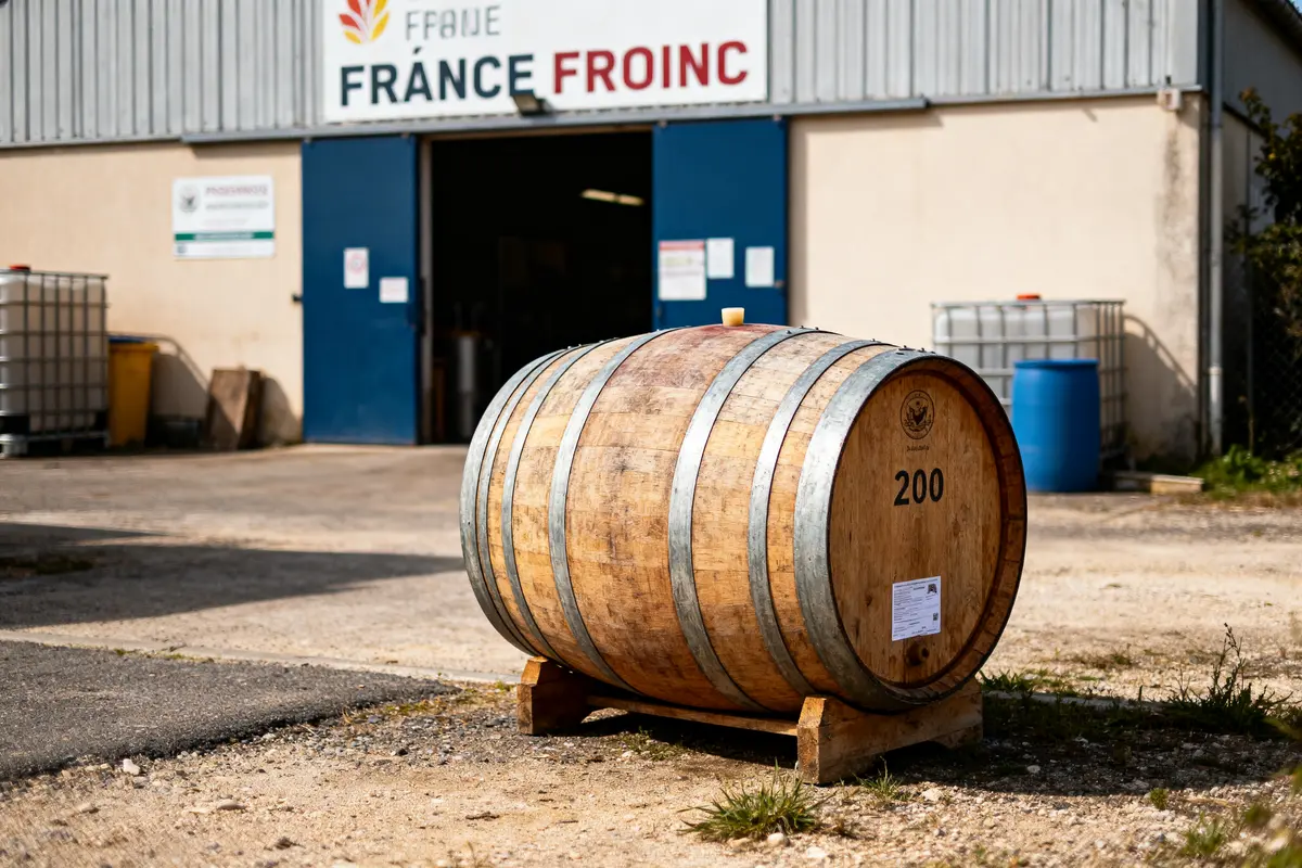 Tonneau en bois devant un bâtiment industriel avec enseigne "France Froinc" et portes bleues ouvertes.