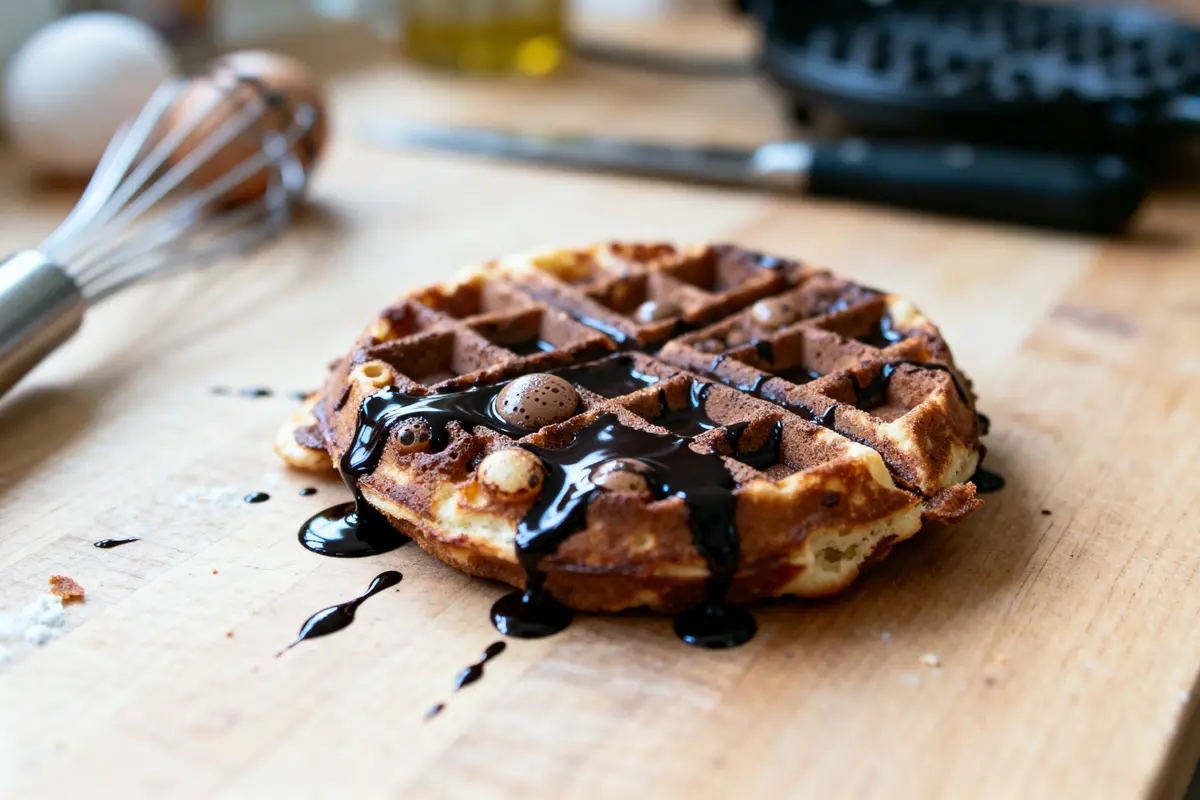 Gaufre sur table en bois, nappée de chocolat, à côté d'un fouet et cuillère, ambiance cuisine.