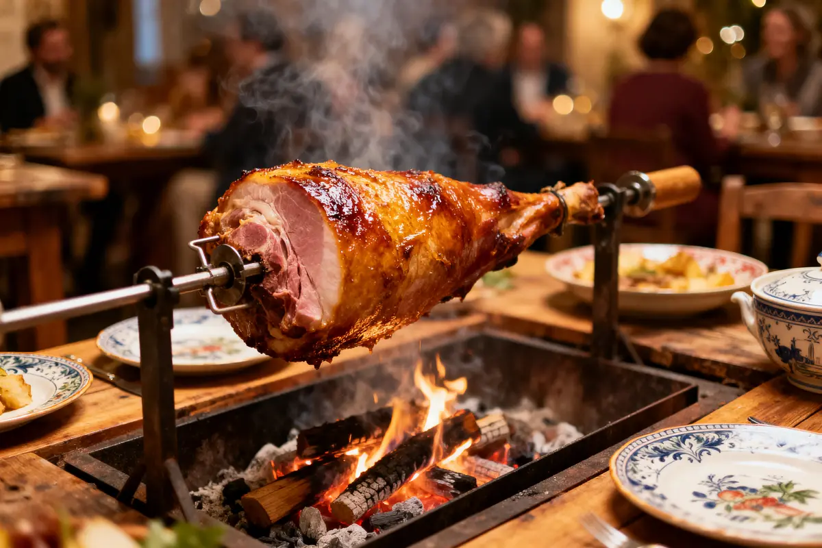 Jambon rôti sur une broche au-dessus d'un feu, dans un cadre de restaurant convivial.