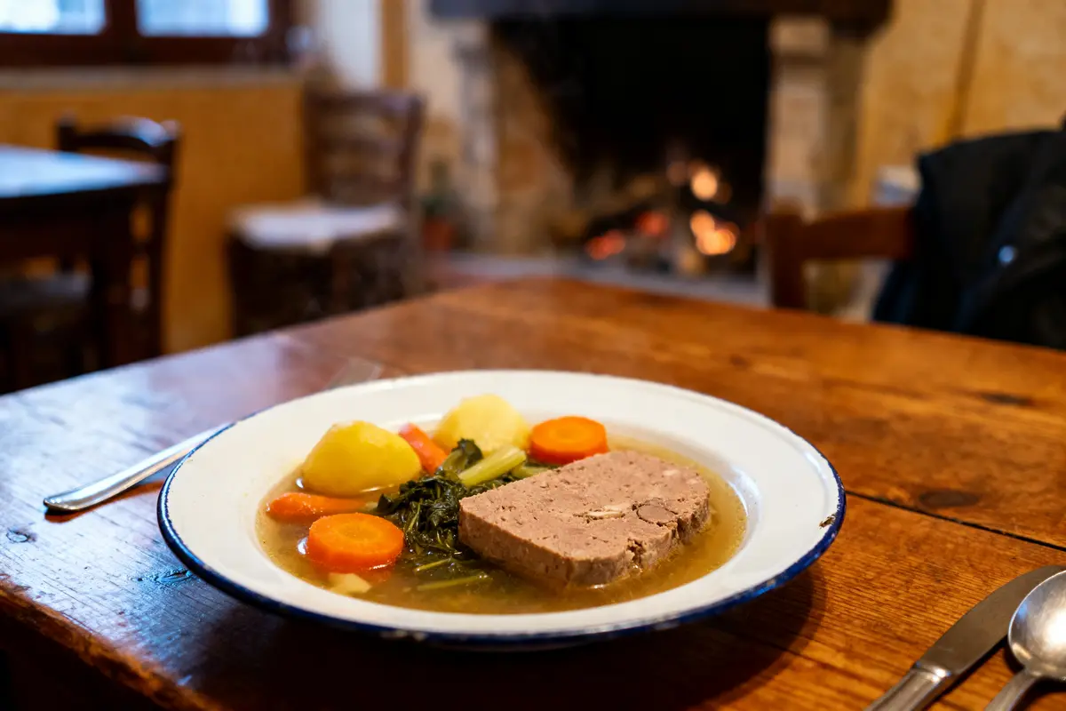 Assiette de pot-au-feu avec légumes et viande, sur table en bois, cheminée allumée en arrière-plan.