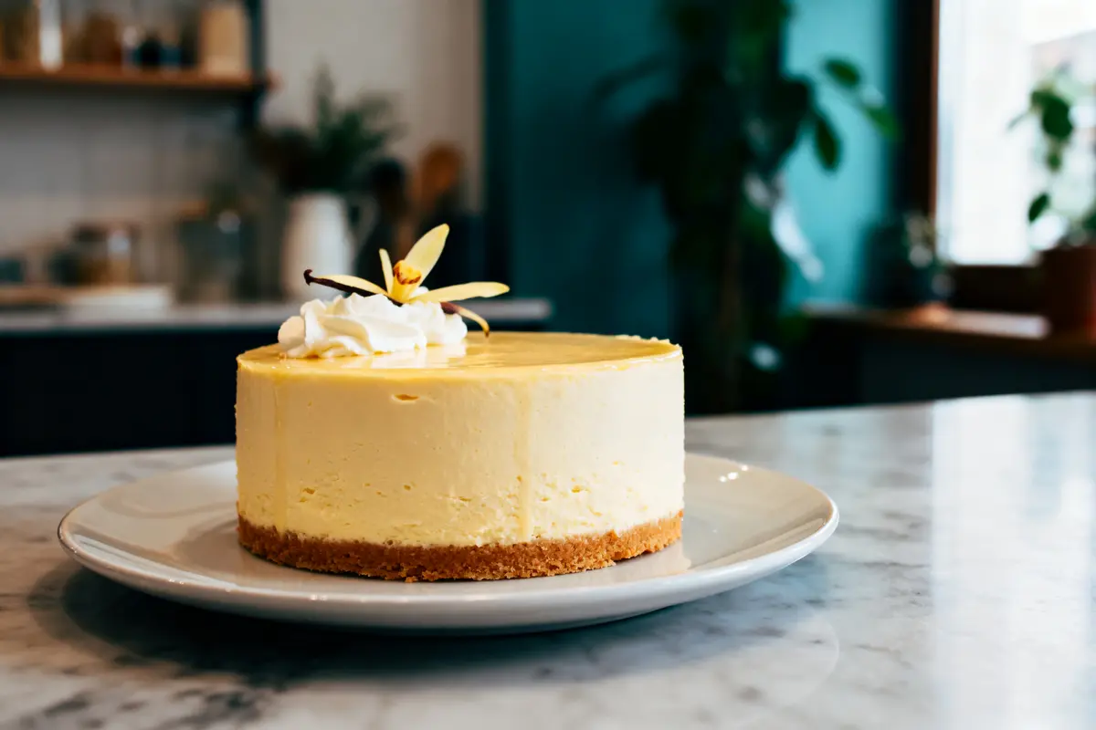 Gâteau vanille rond sur assiette, garniture crème fouettée et fleur, fond cuisine flou.