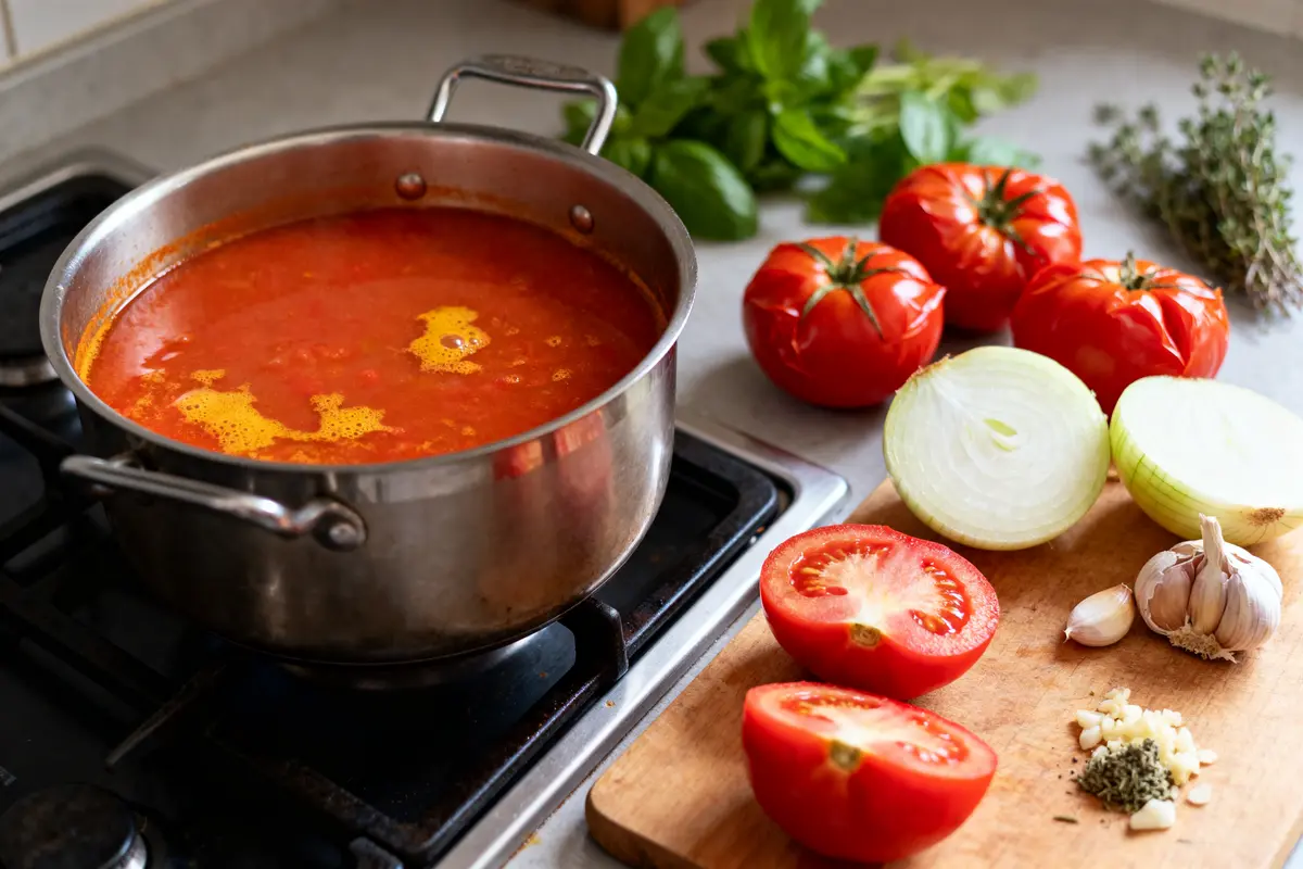 Casserole de soupe tomate sur cuisinière, ingrédients frais sur planche : tomates, oignon, ail, herbes, basilic.