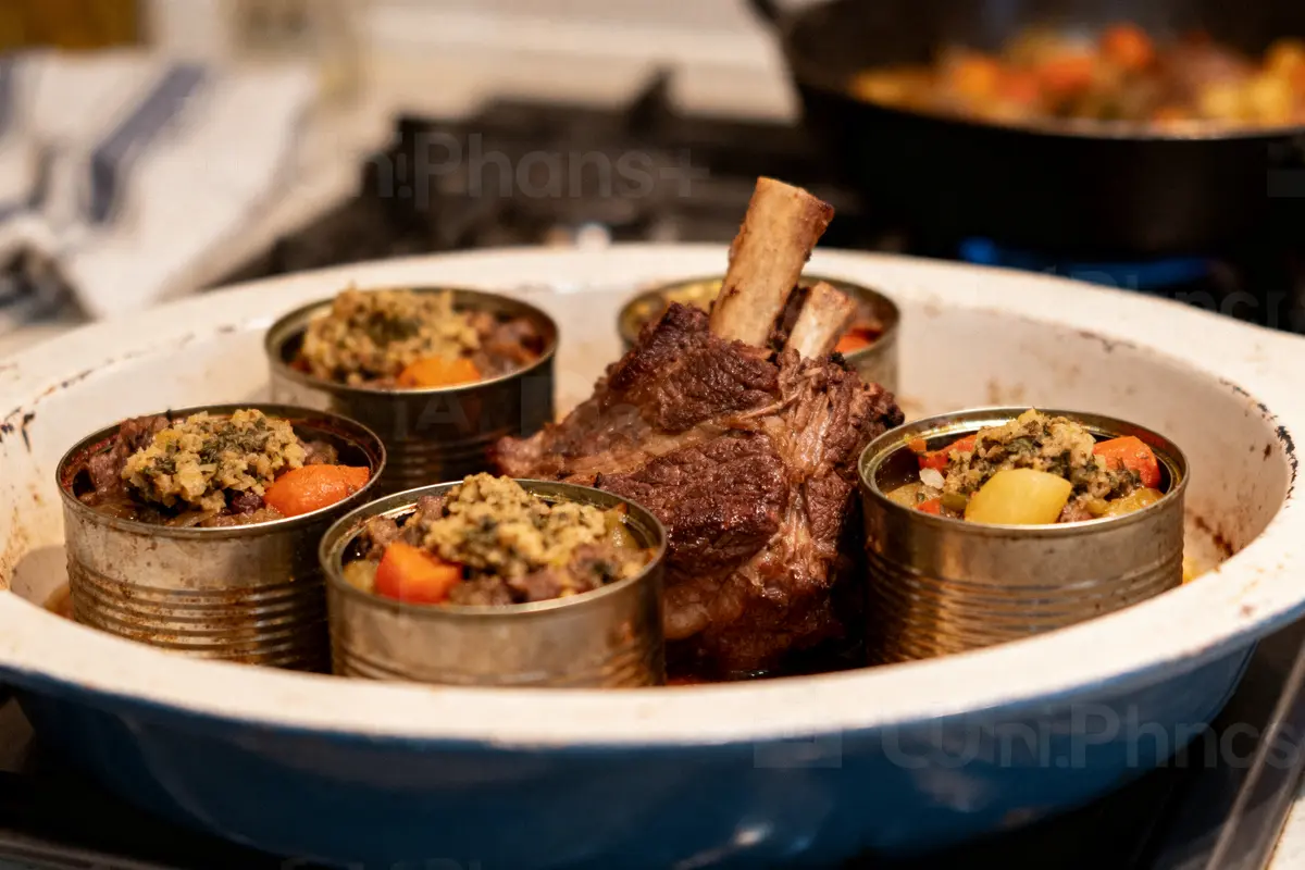 Un rôti de viande avec accompagnement de légumes et gratin dans des boîtes de conserve, plat en céramique.